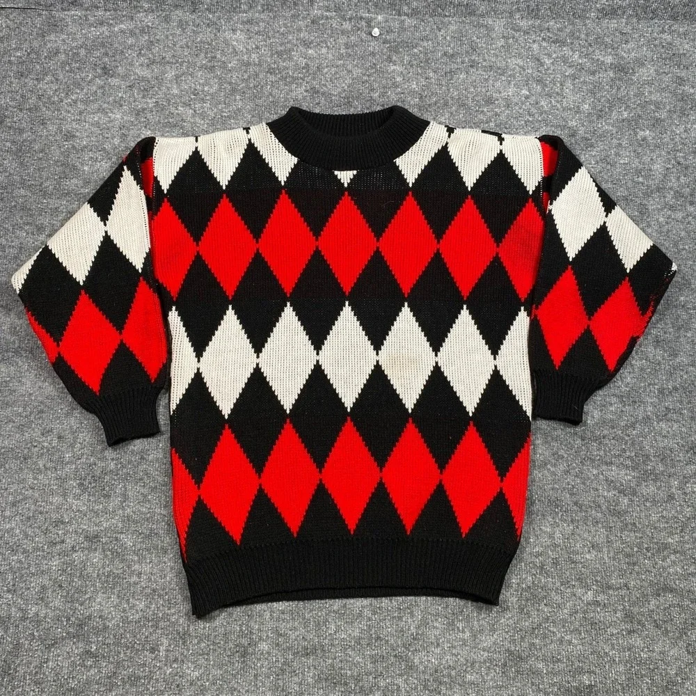 Vintage Garan‎ by Marita Mens Red Black White Argyle Knit Sweater Large USA Made